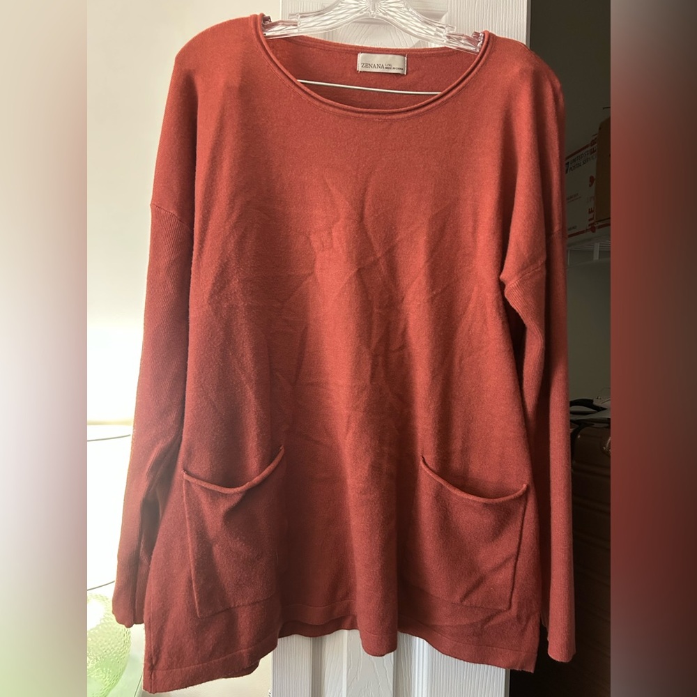 Zenana Rust Terracotta Pocket Tunic Soft Sweater Large XL